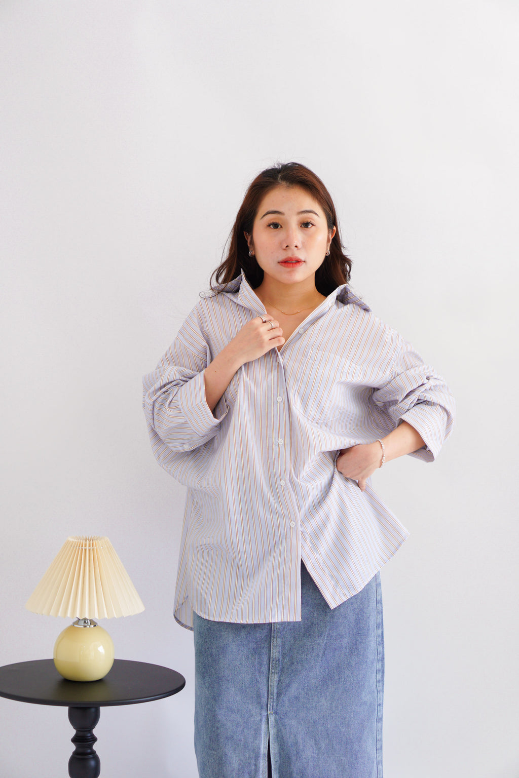 Bren Oversized Stripes Button Down Long Sleeve Top in Blue Stripes