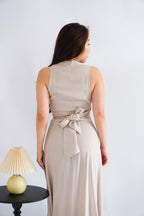 Arissa Self-Wrap Waist Maxi Dress in Beige Khaki
