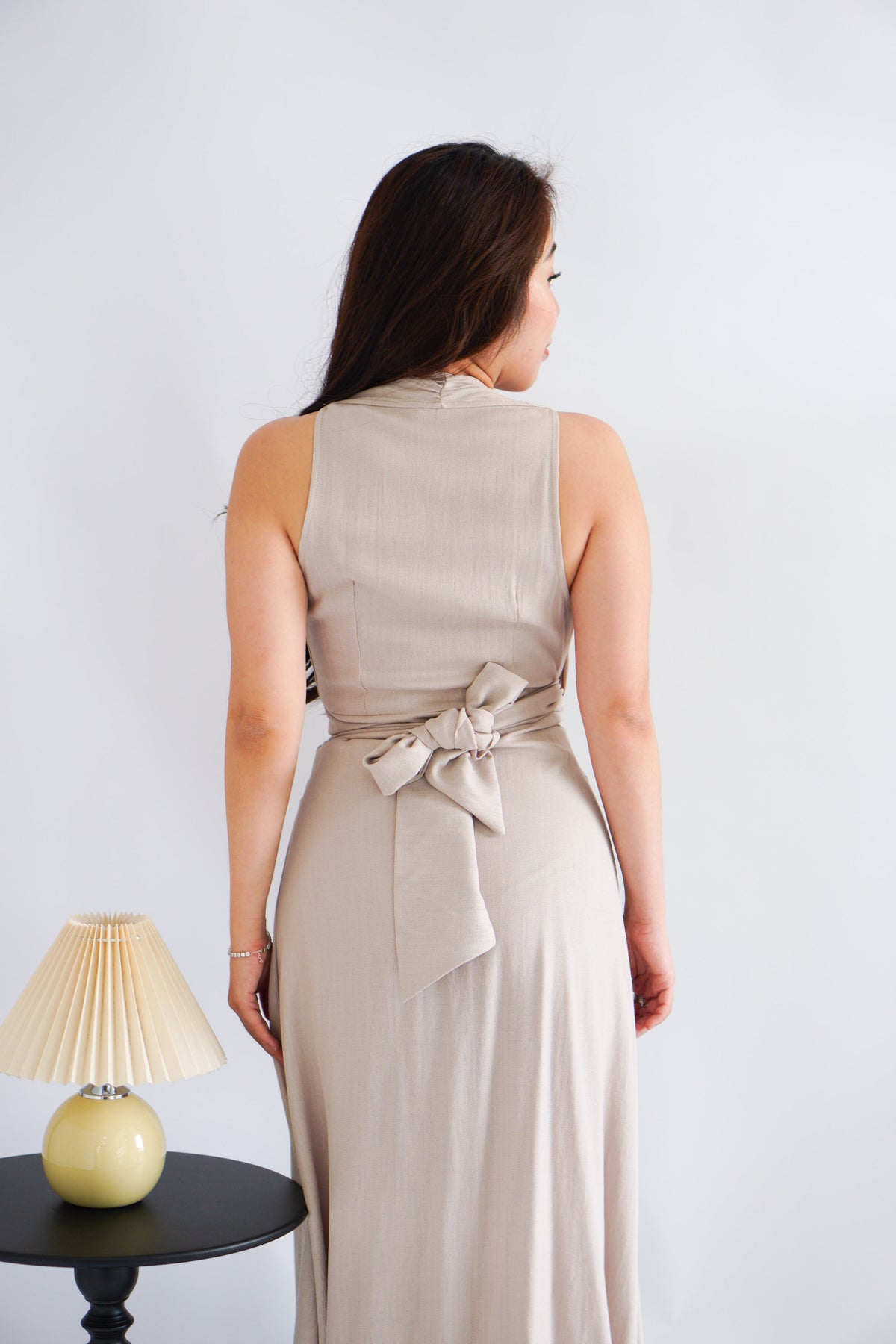 Arissa Self-Wrap Waist Maxi Dress in Beige Khaki