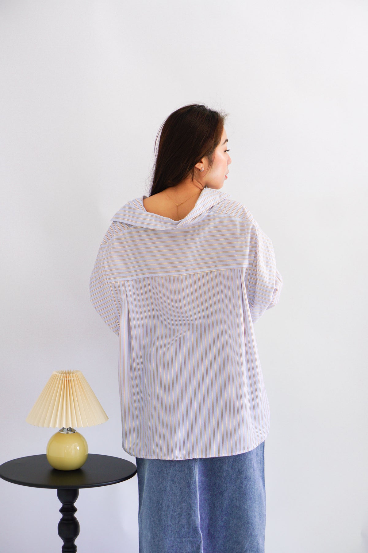 Bren Oversized Stripes Button Down Long Sleeve Top in Blue Stripes