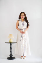 Vannah Collar Tie-Waist Sleeveless Polkadot Maxi Dress in White