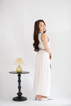Vannah Collar Tie-Waist Sleeveless Polkadot Maxi Dress in White