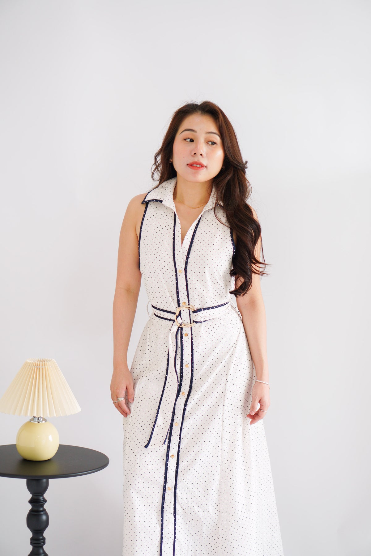 Vannah Collar Tie-Waist Sleeveless Polkadot Maxi Dress in White