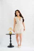 Valerie Deep V Tie Back Mini Polkadot Dress in Cream