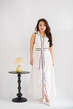 Vannah Collar Tie-Waist Sleeveless Polkadot Maxi Dress in White
