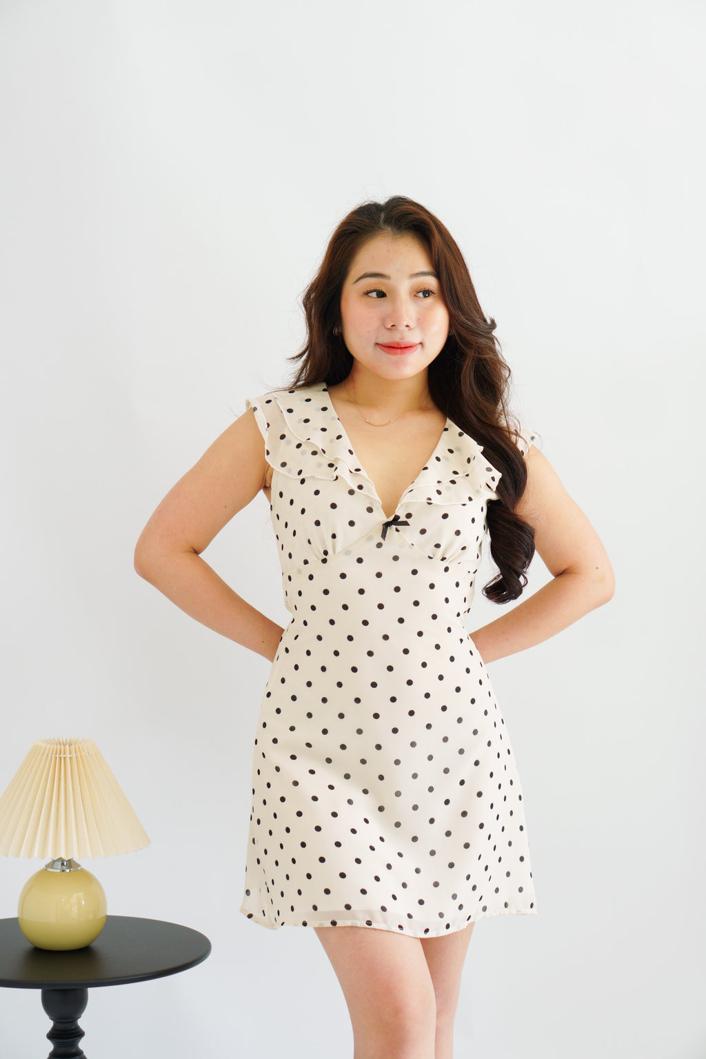 Valerie Deep V Tie Back Mini Polkadot Dress in Cream