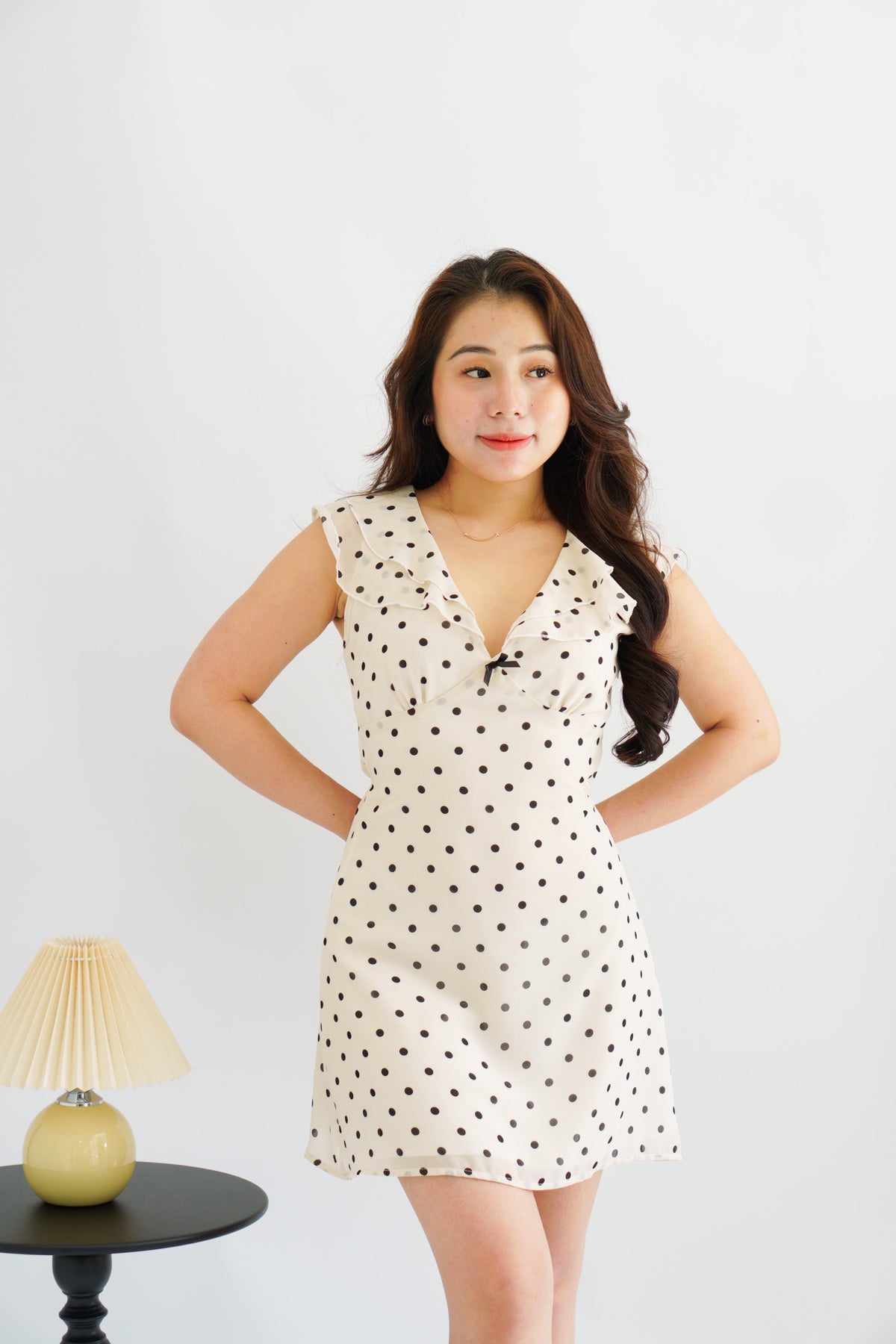 Valerie Deep V Tie Back Mini Polkadot Dress in Cream