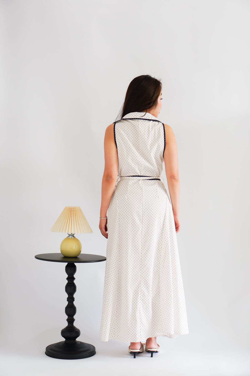 Vannah Collar Tie-Waist Sleeveless Polkadot Maxi Dress in White