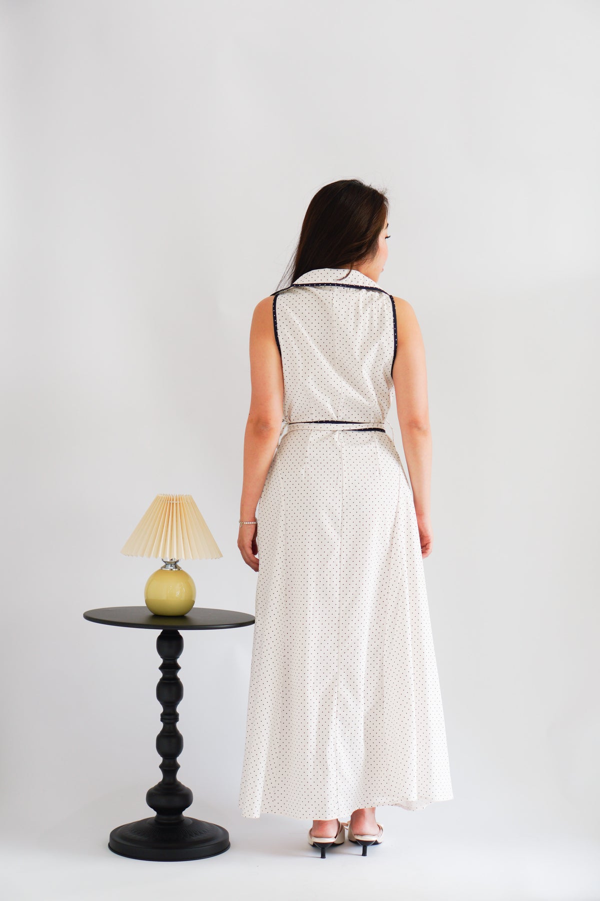 Vannah Collar Tie-Waist Sleeveless Polkadot Maxi Dress in White