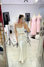 Elira Maxi A-line Satin Skirt in Champagne Cream