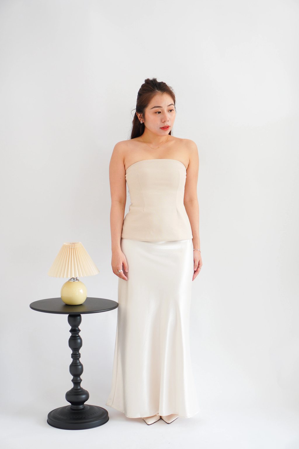 Elira Maxi A-line Satin Skirt in Champagne Cream