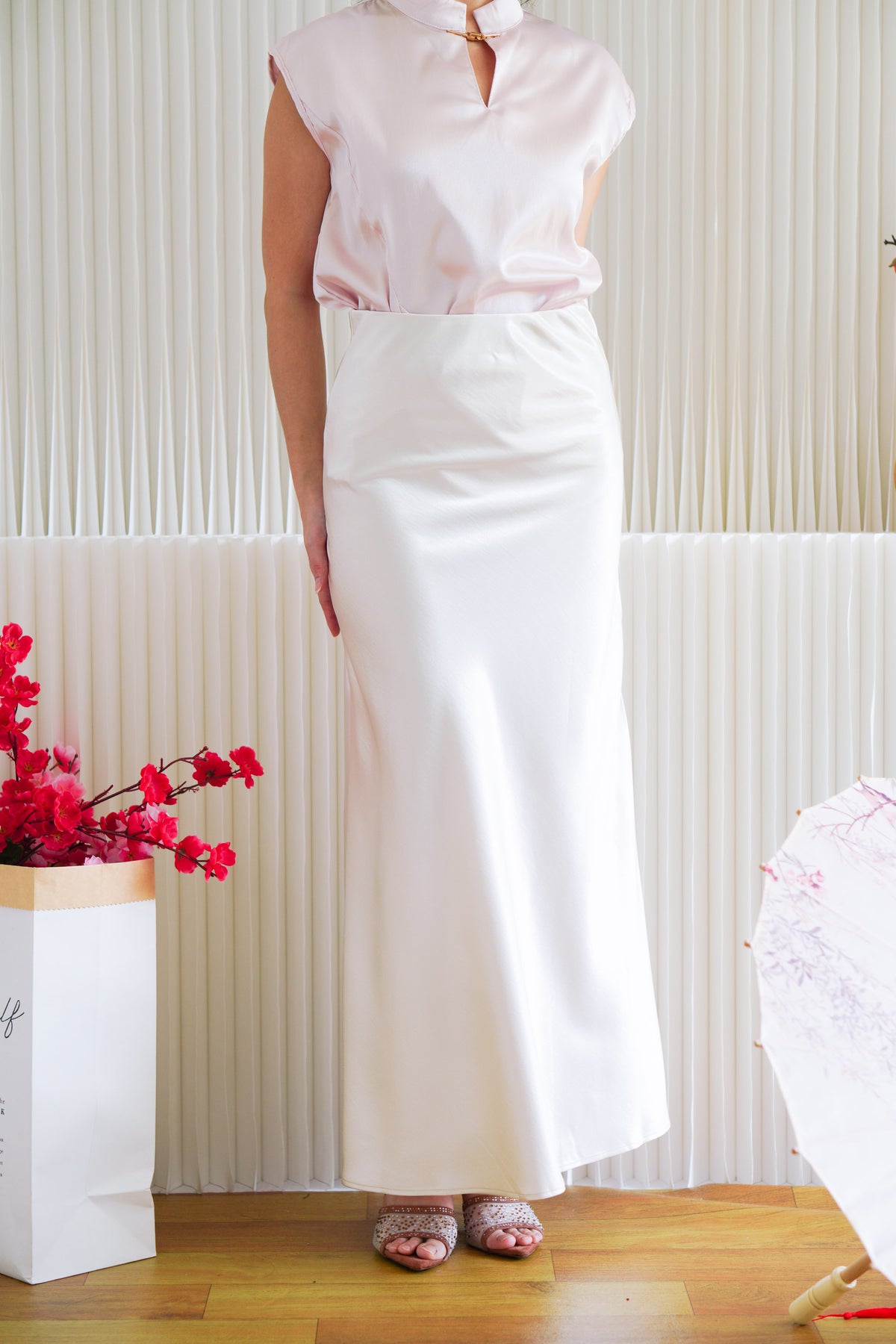 Elira Maxi A-line Satin Skirt in Champagne Cream