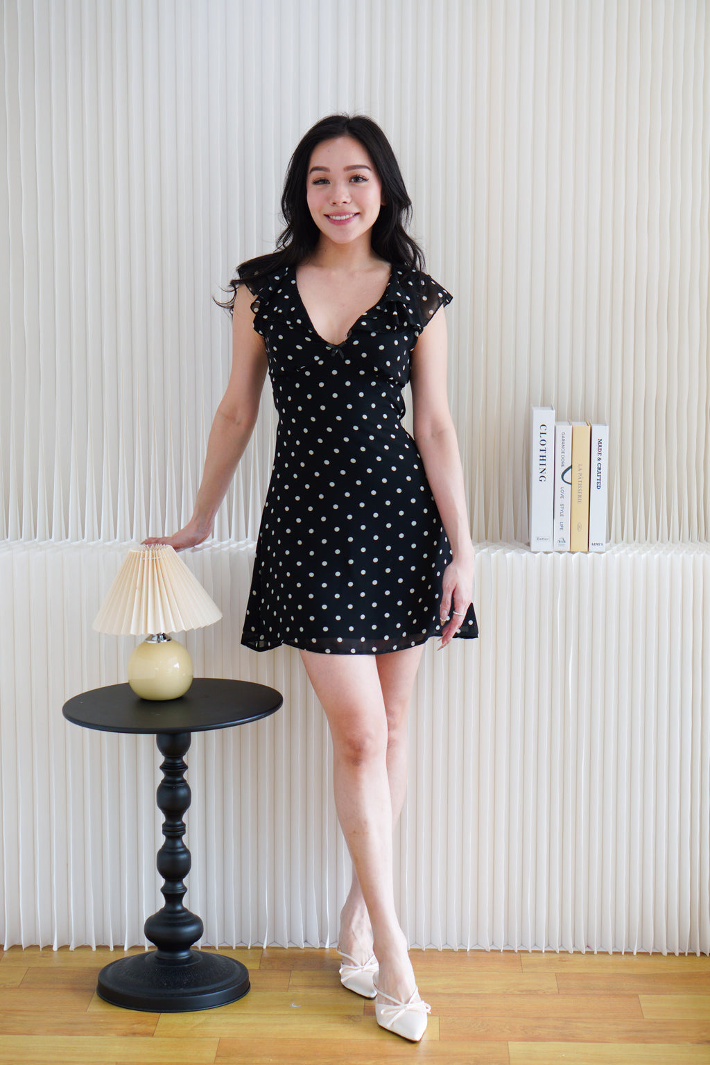 Valerie Deep V Tie Back Mini Polkadot Dress in Black