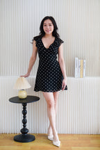 Valerie Deep V Tie Back Mini Polkadot Dress in Black