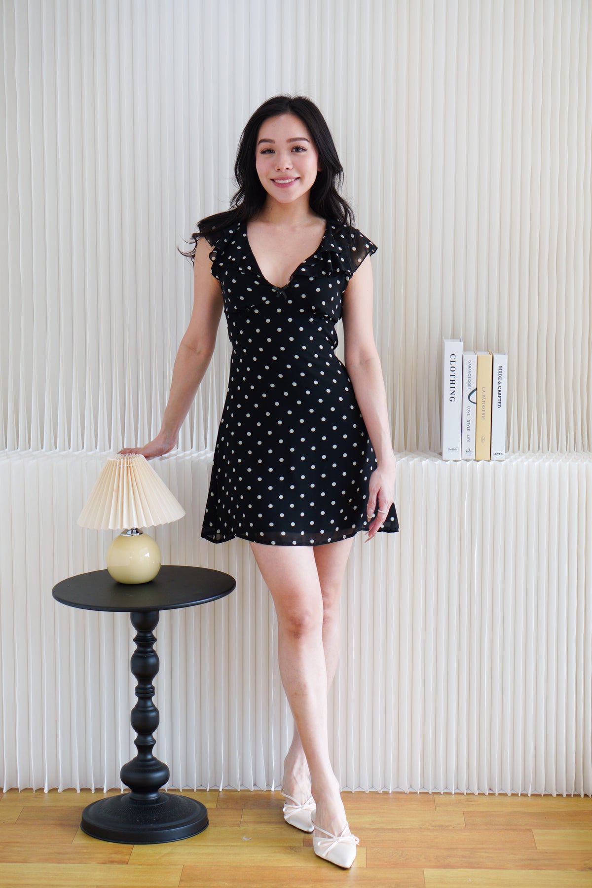 Valerie Deep V Tie Back Mini Polkadot Dress in Black