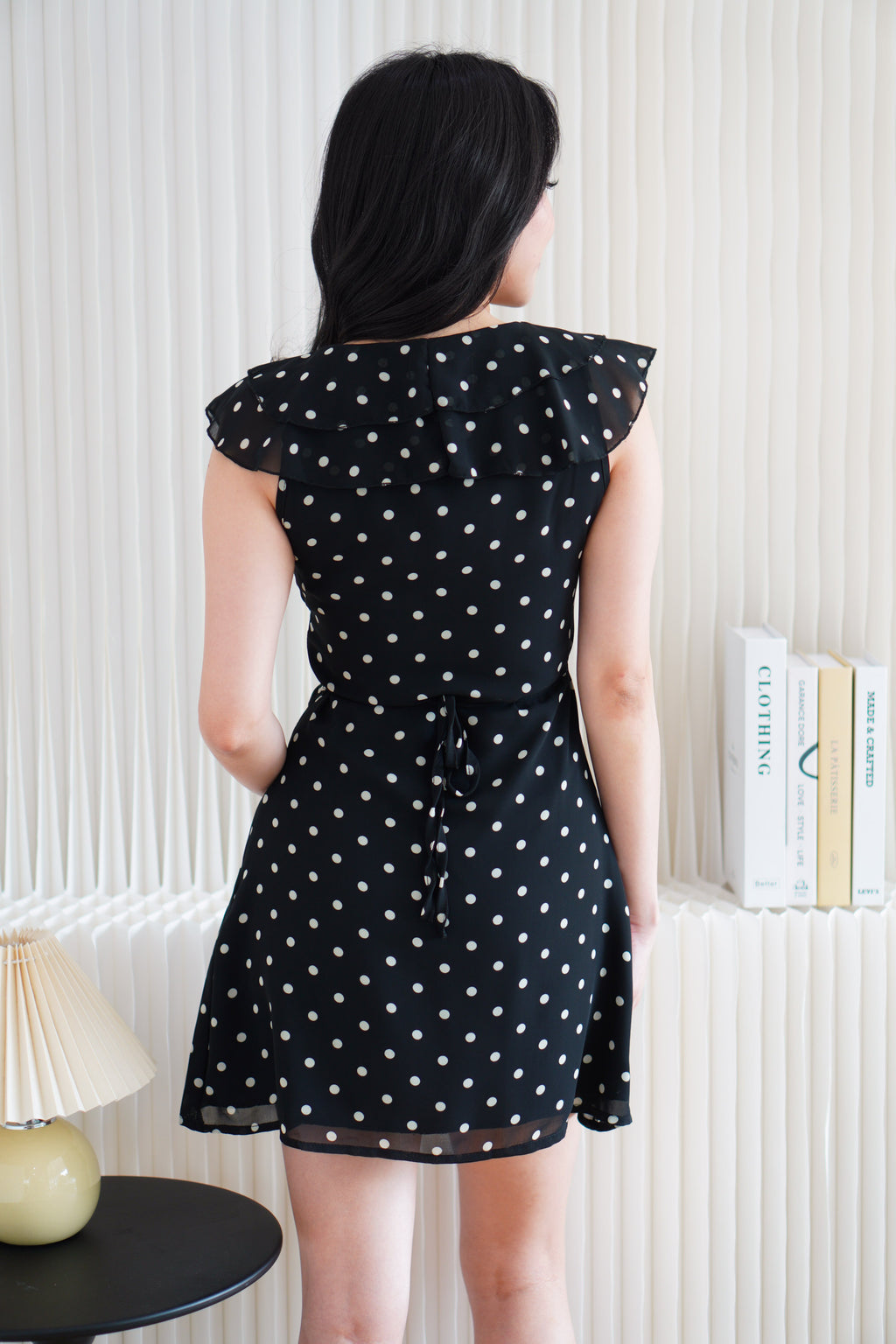 Valerie Deep V Tie Back Mini Polkadot Dress in Black