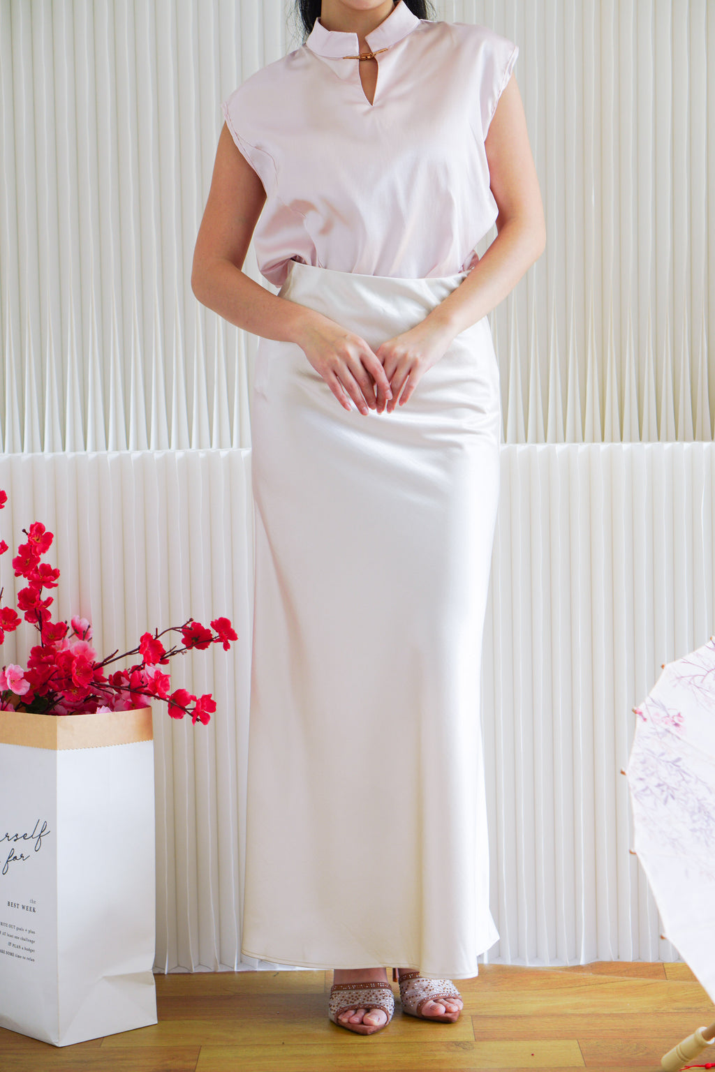 Elira Maxi A-line Satin Skirt in Champagne Cream