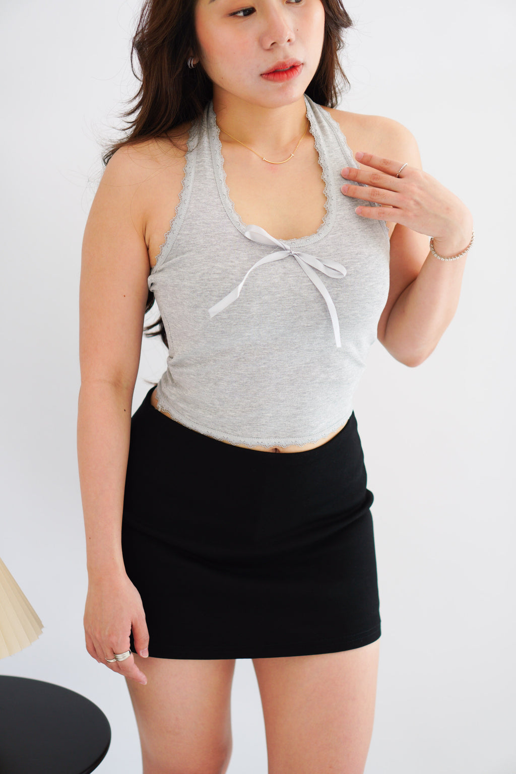 Dottie Padded Halter Lace Ribbon Top in Grey