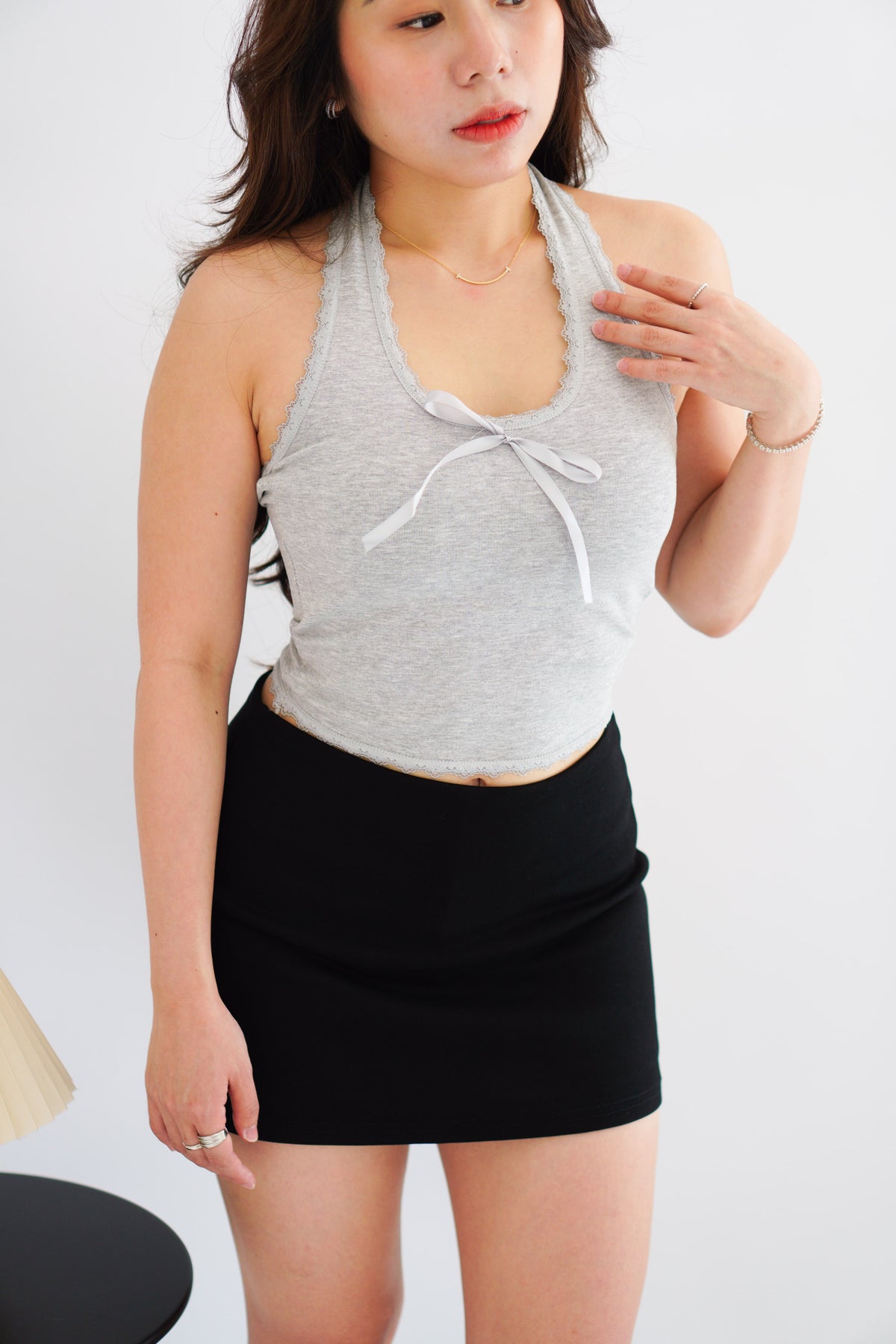 Dottie Padded Halter Lace Ribbon Top in Grey