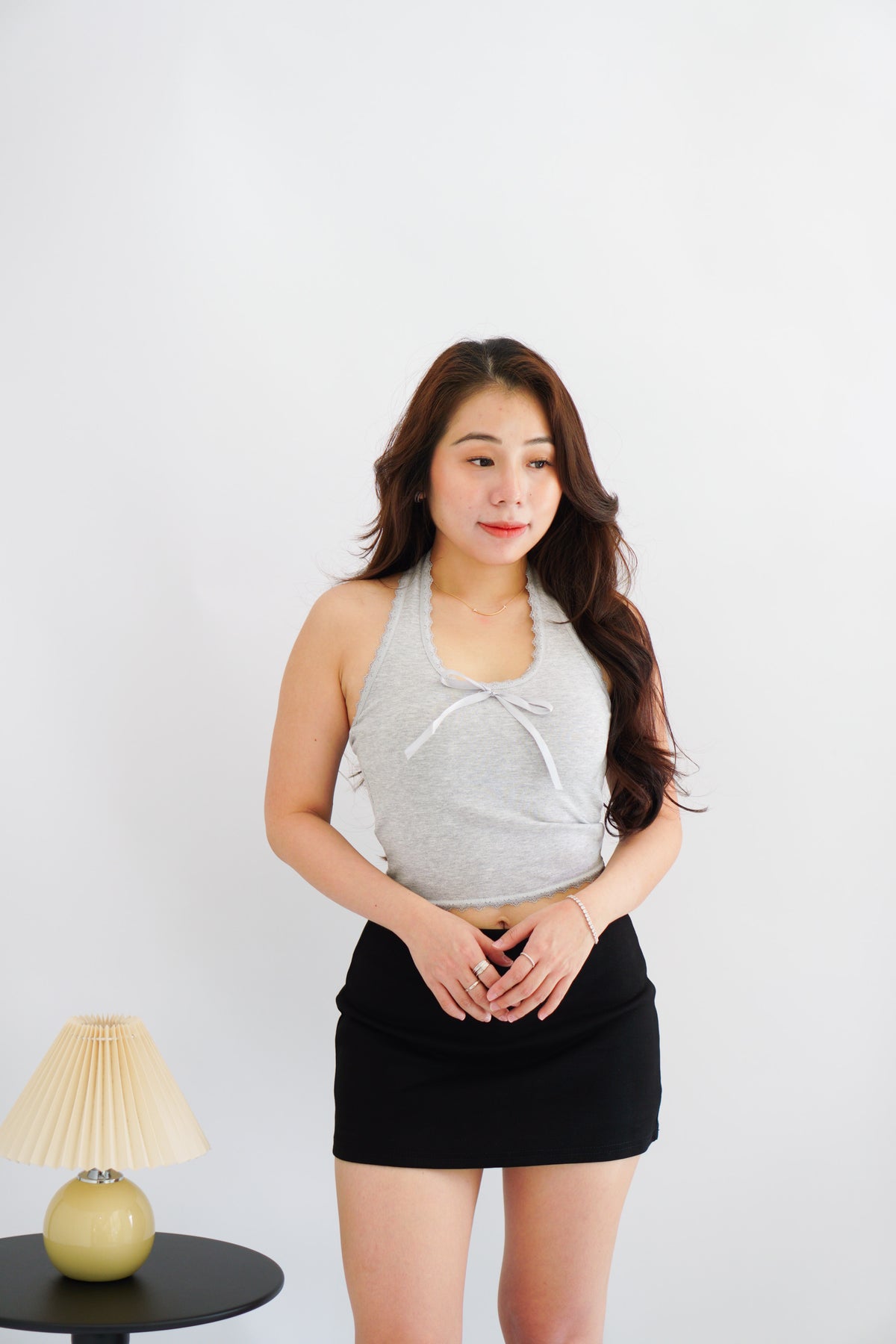 Dottie Padded Halter Lace Ribbon Top in Grey