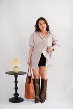 Tiya Oversized Stripes Button Down Long Sleeve Top in Brown Stripes