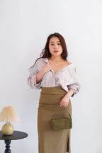 Tiya Oversized Stripes Button Down Long Sleeve Top in Brown Stripes