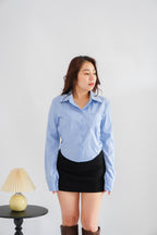 Shiga Cropped Collar Button Down Top in Blue