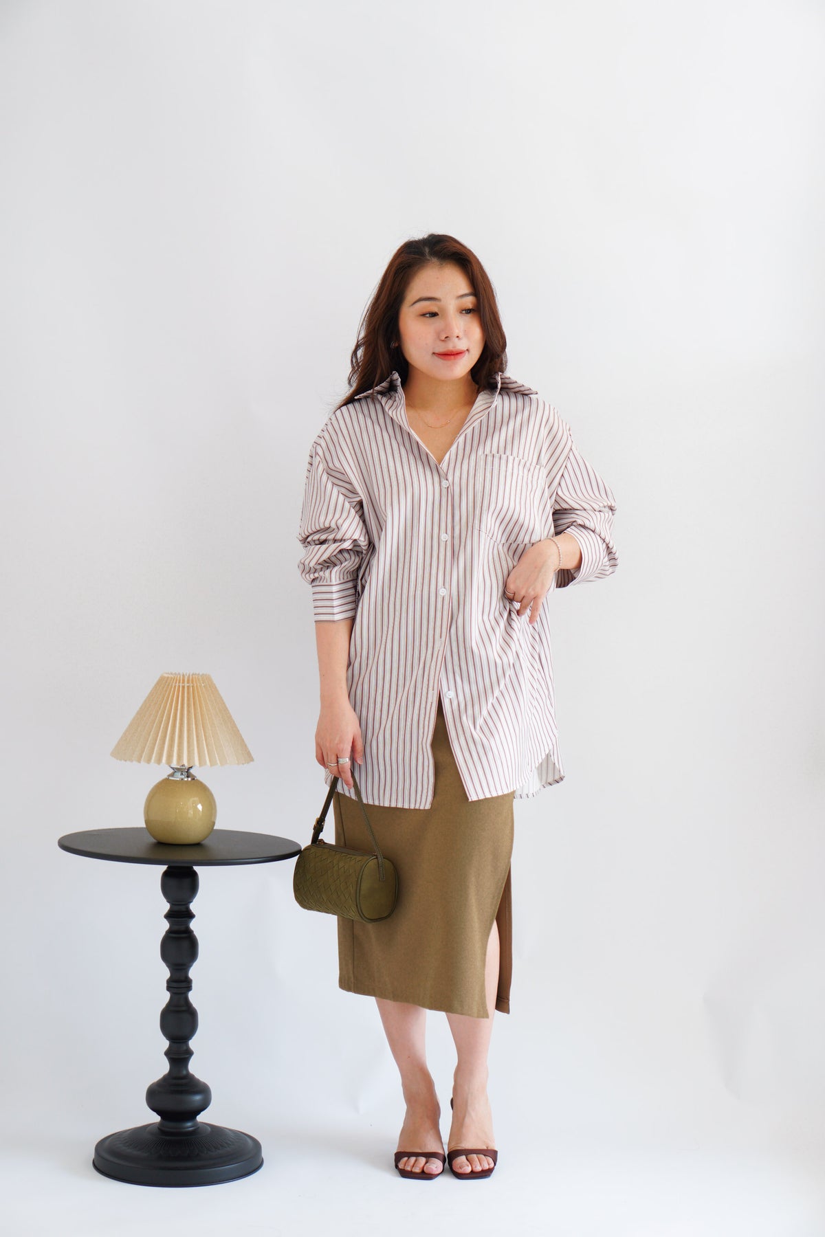 Tiya Oversized Stripes Button Down Long Sleeve Top in Brown Stripes