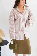 Tiya Oversized Stripes Button Down Long Sleeve Top in Brown Stripes