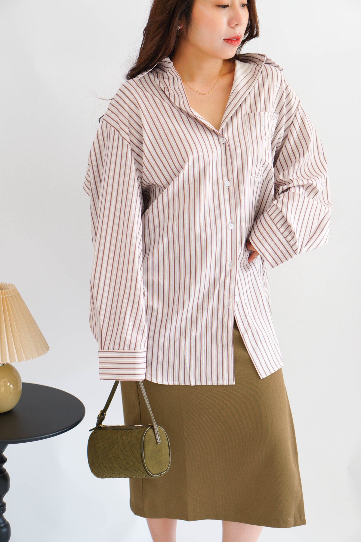 Tiya Oversized Stripes Button Down Long Sleeve Top in Brown Stripes