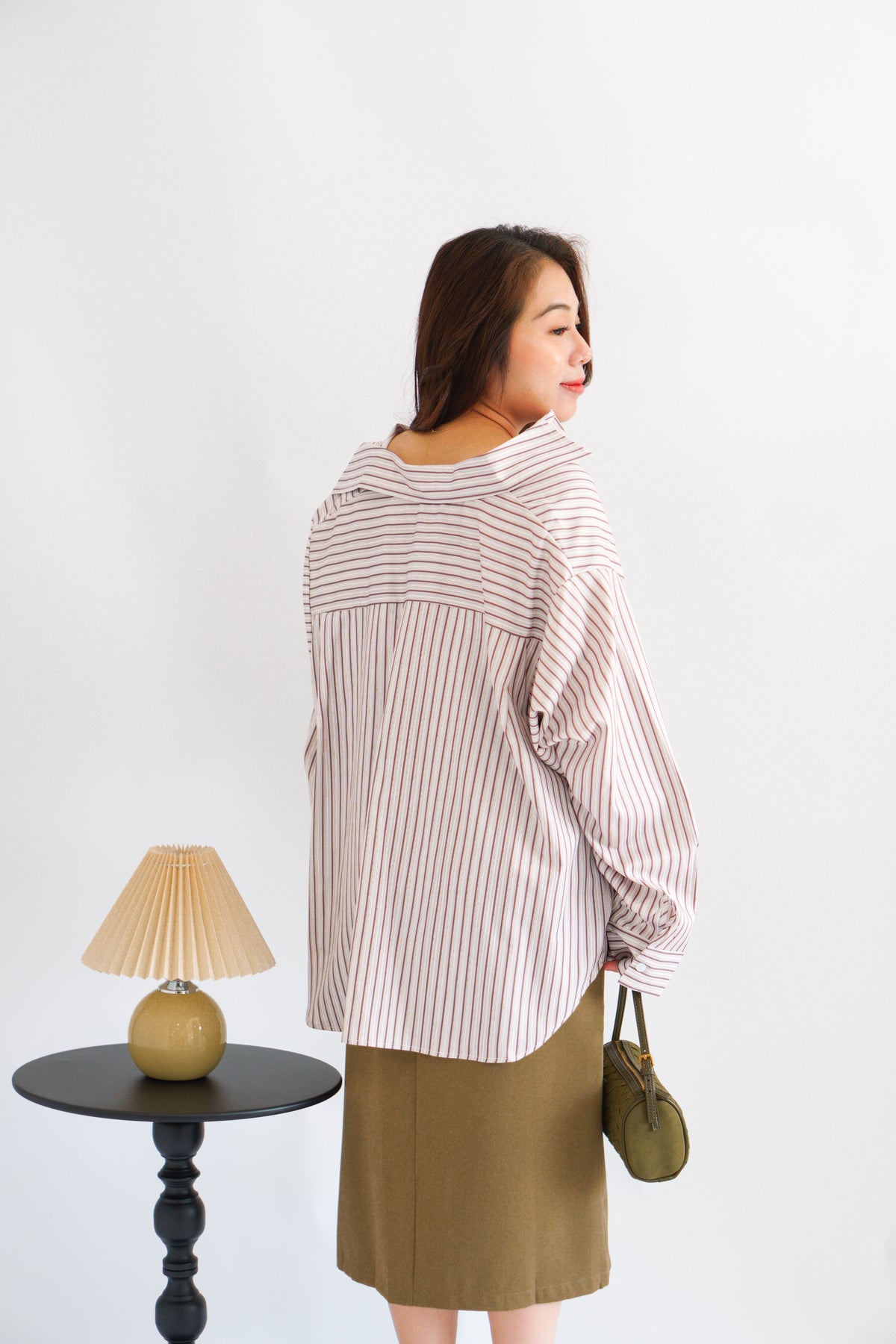 Tiya Oversized Stripes Button Down Long Sleeve Top in Brown Stripes