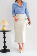 Kora Ruched Bodycon Midi Skirt in Beige White