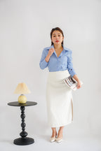 Kora Ruched Bodycon Midi Skirt in Beige White