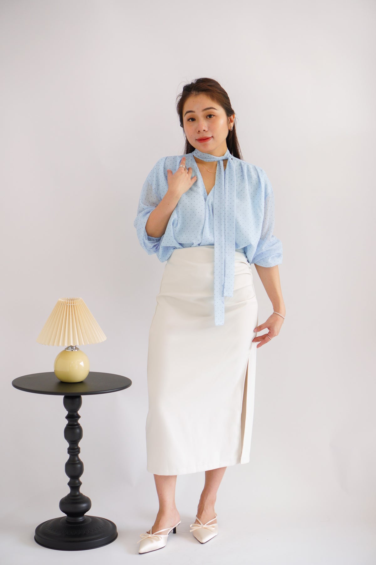 Kora Ruched Bodycon Midi Skirt in Beige White