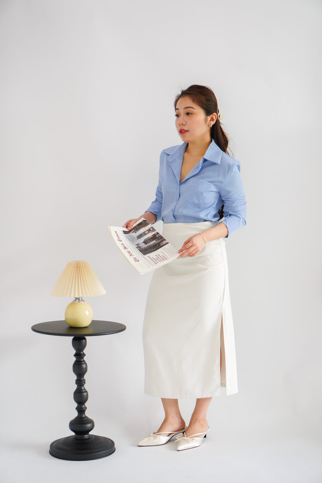 Kora Ruched Bodycon Midi Skirt in Beige White