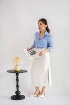 Kora Ruched Bodycon Midi Skirt in Beige White