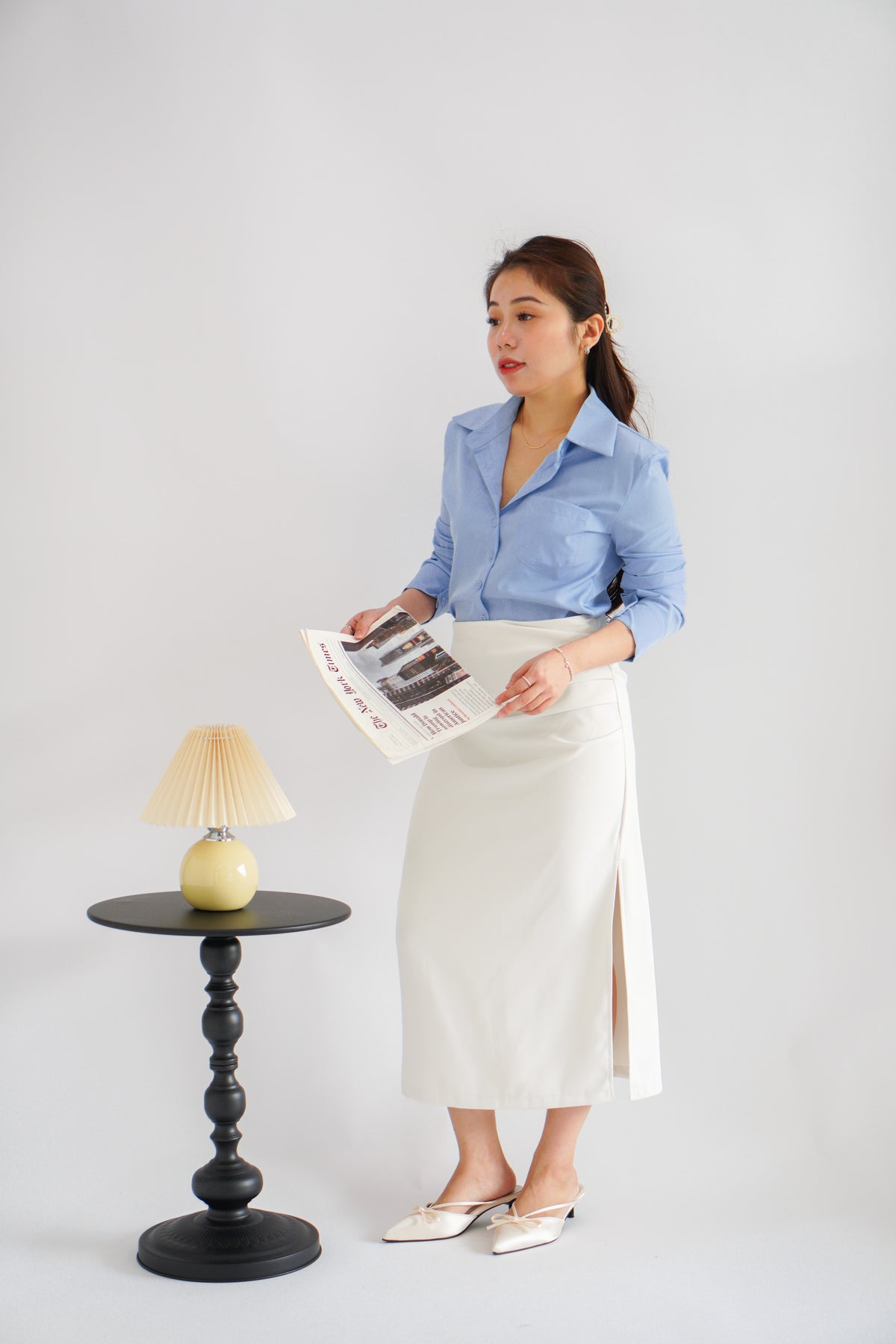 Kora Ruched Bodycon Midi Skirt in Beige White