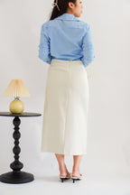 Kora Ruched Bodycon Midi Skirt in Beige White