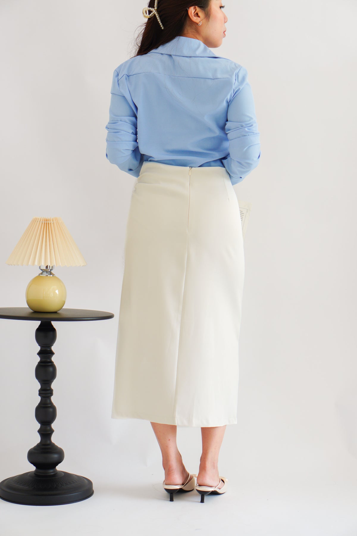 Kora Ruched Bodycon Midi Skirt in Beige White