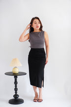 Kora Ruched Bodycon Midi Skirt in Black