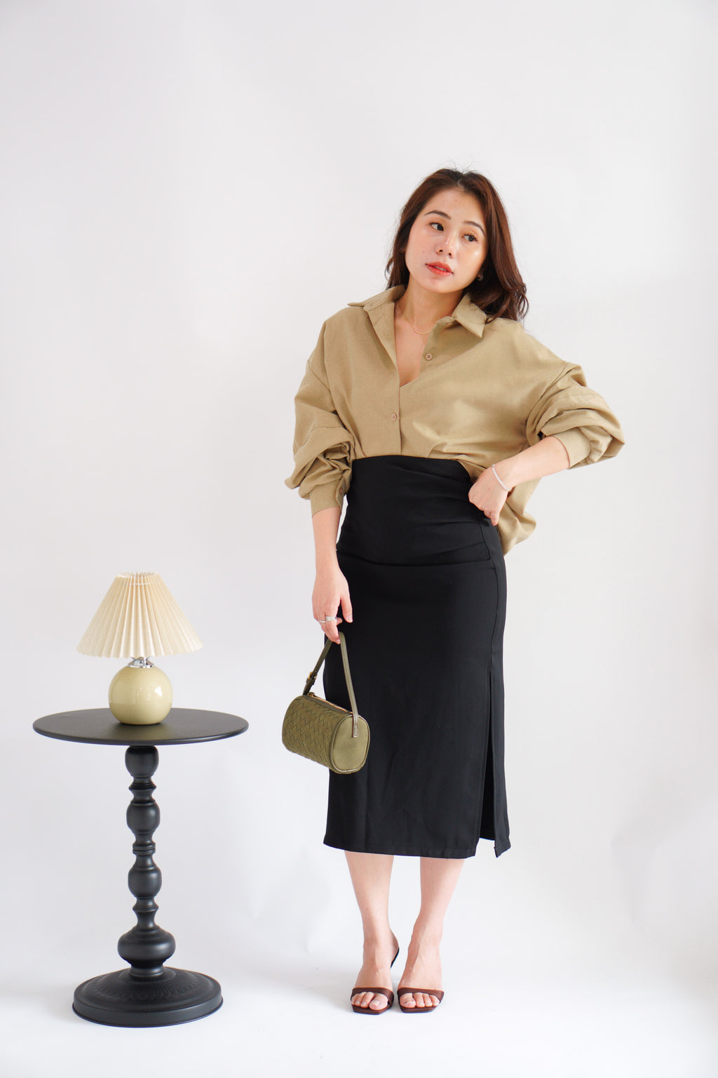 Kora Ruched Bodycon Midi Skirt in Black