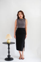 Kora Ruched Bodycon Midi Skirt in Black