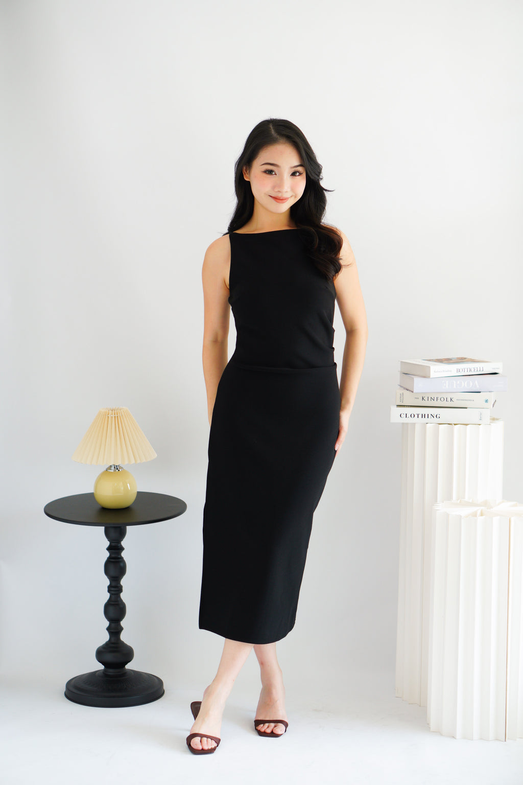 Liliana High Neck Bodycon Midi Dress in Black