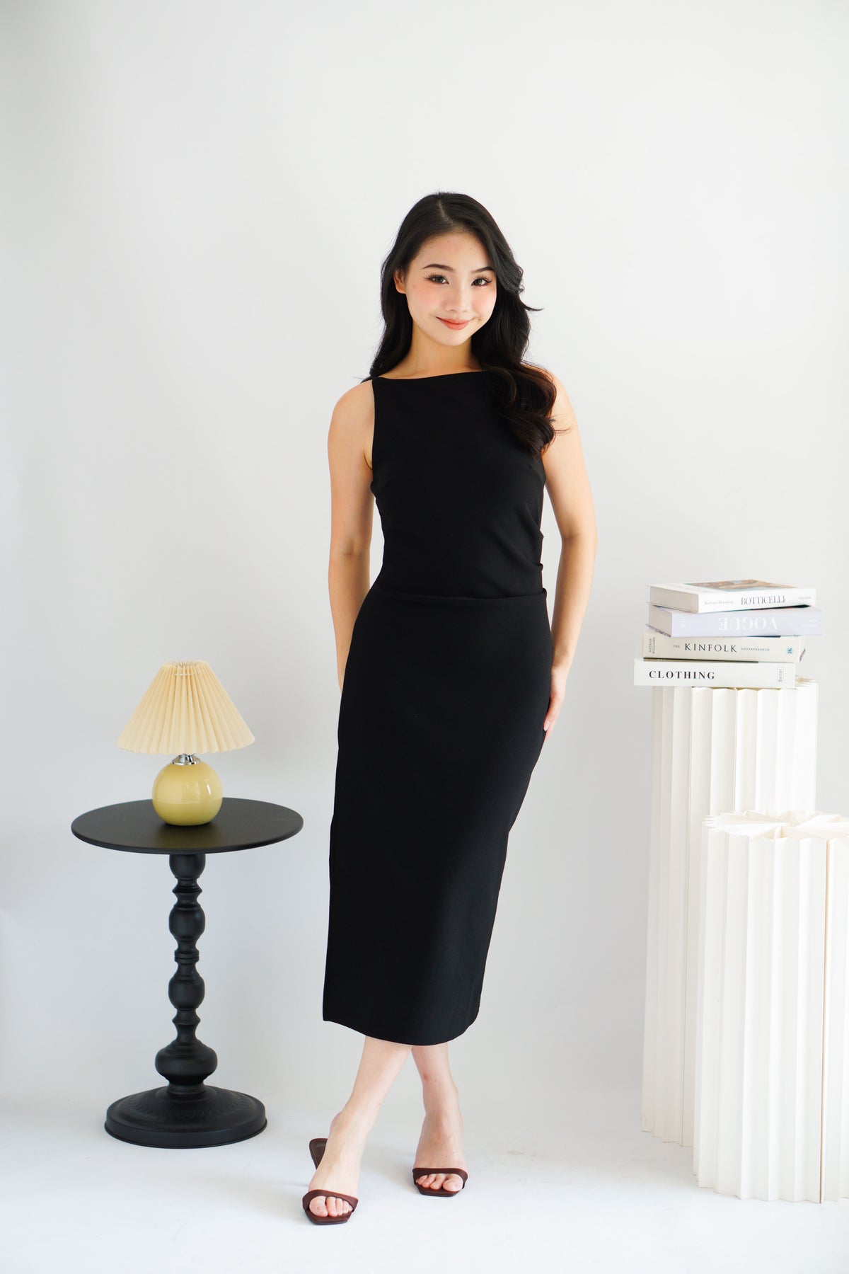 Liliana High Neck Bodycon Midi Dress in Black