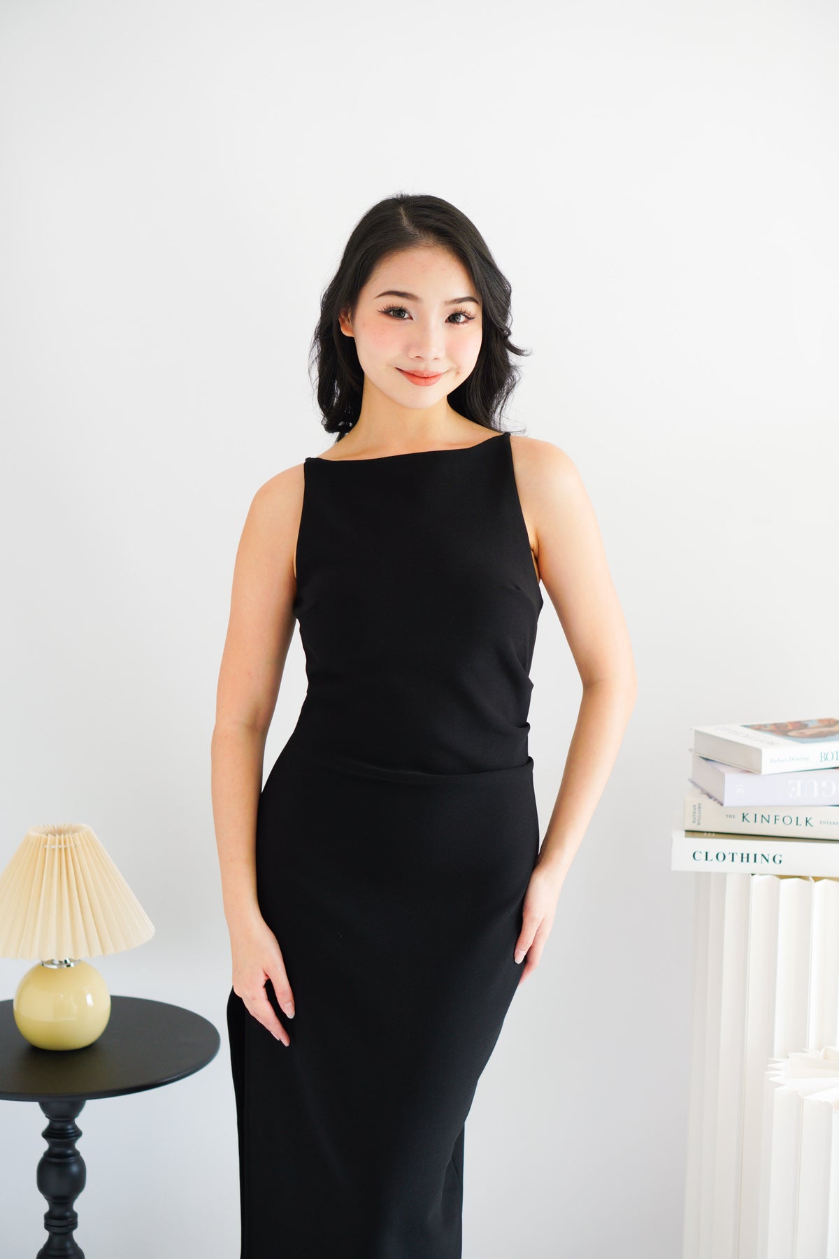Liliana High Neck Bodycon Midi Dress in Black