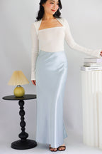 Elira Maxi A-line Satin Skirt in Light Blue