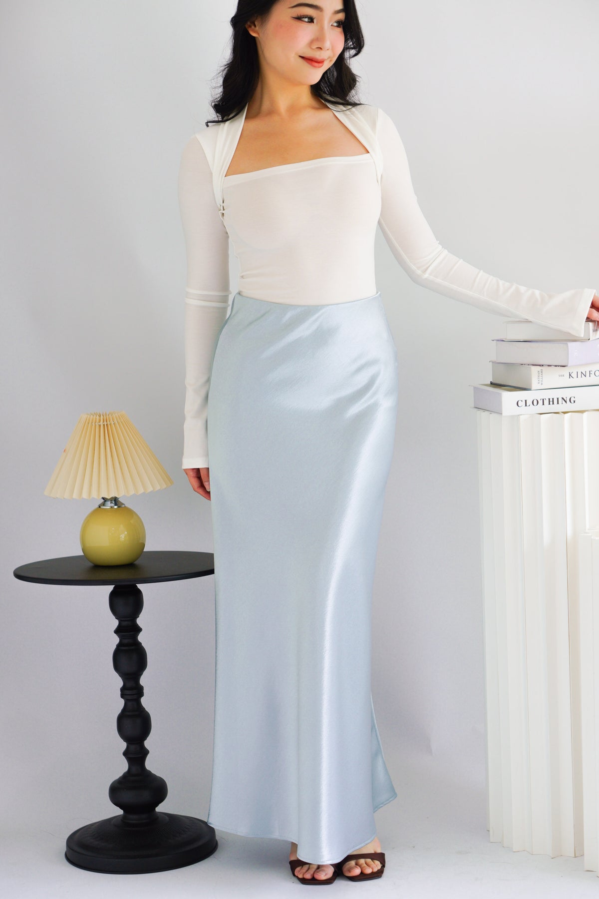 Elira Maxi A-line Satin Skirt in Light Blue