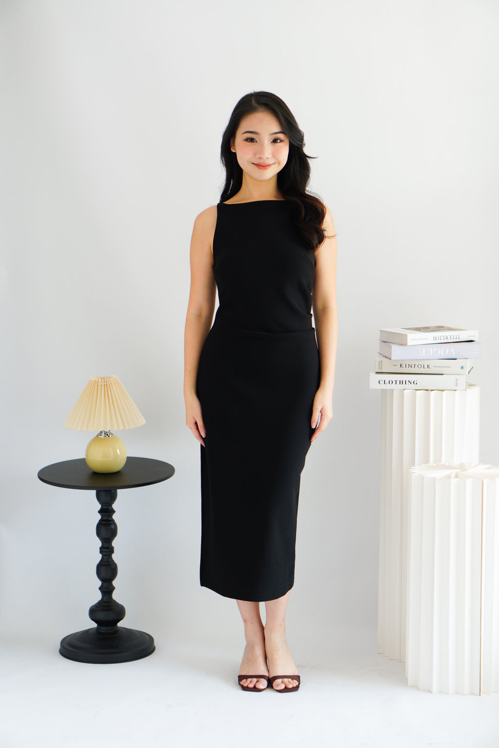 Liliana High Neck Bodycon Midi Dress in Black