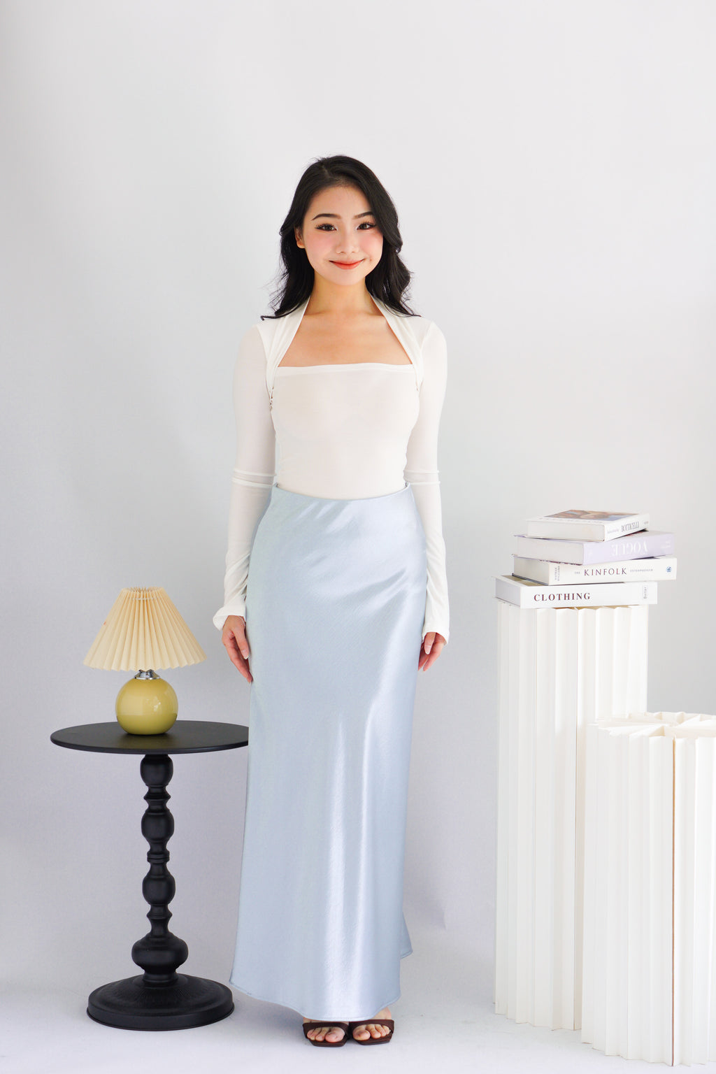 Elira Maxi A-line Satin Skirt in Light Blue