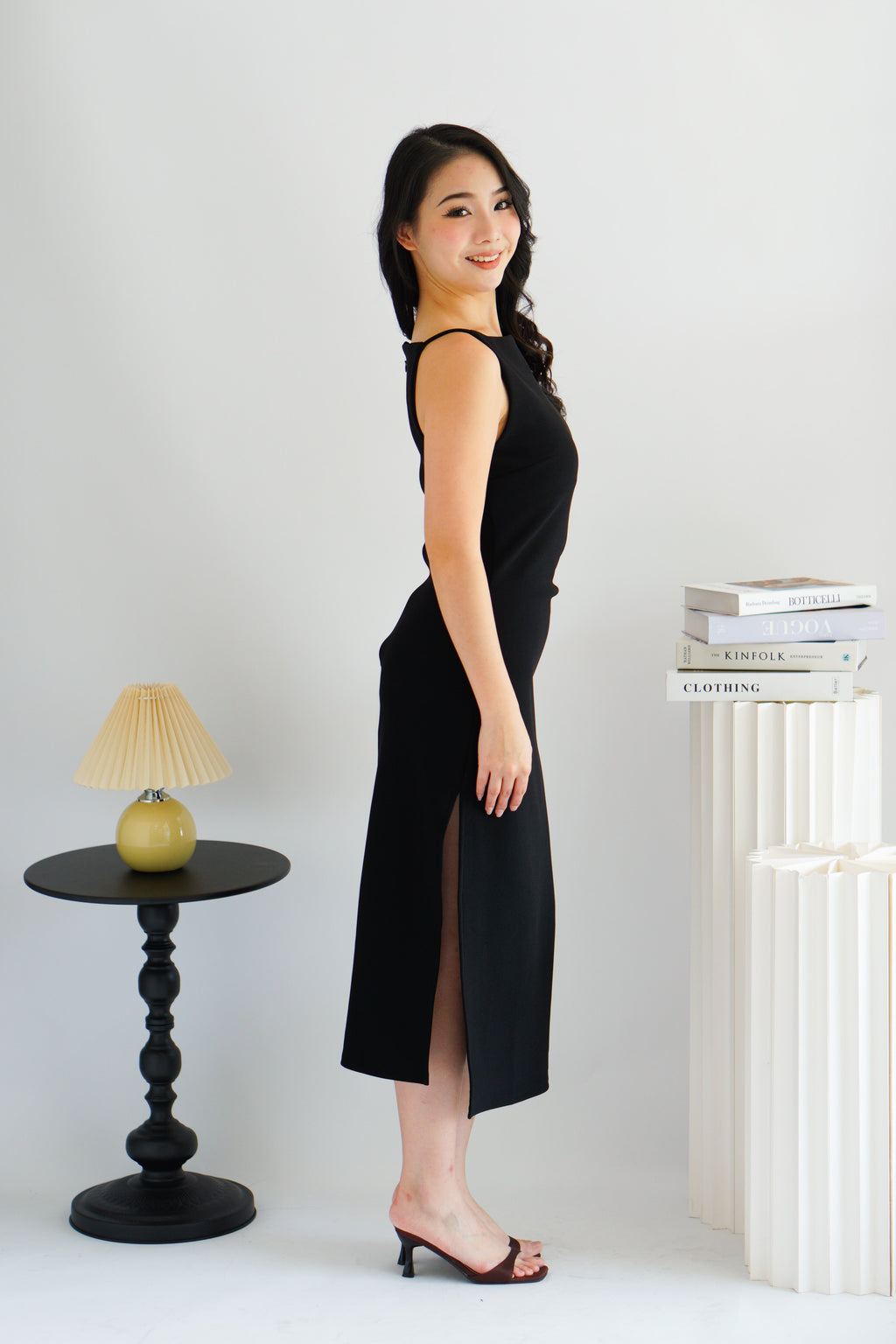 Liliana High Neck Bodycon Midi Dress in Black